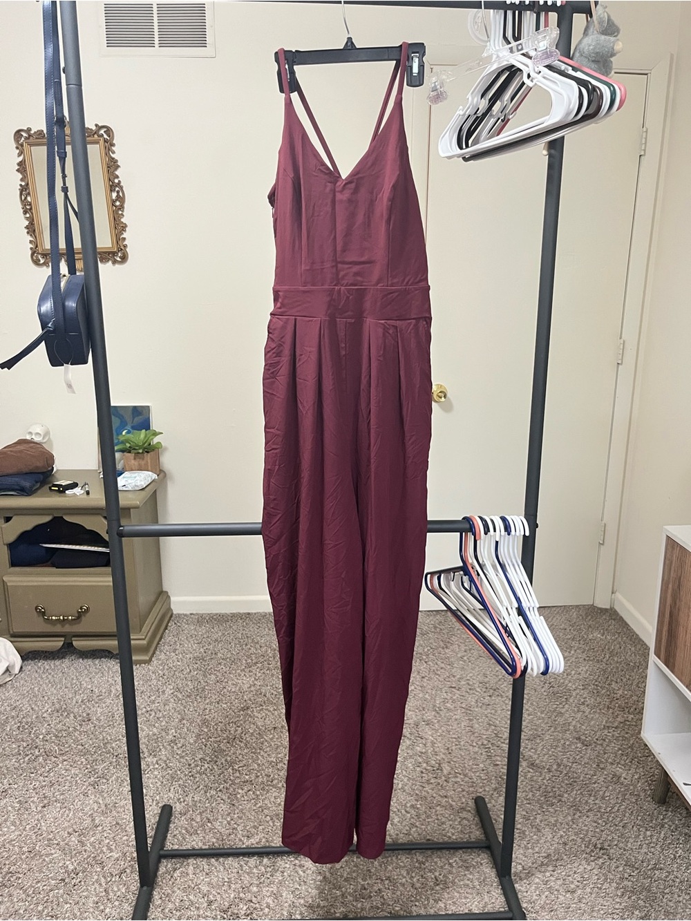 HALARA V-Neck Wide-Leg Jumpsuit in Wine - Picture 2 of 4